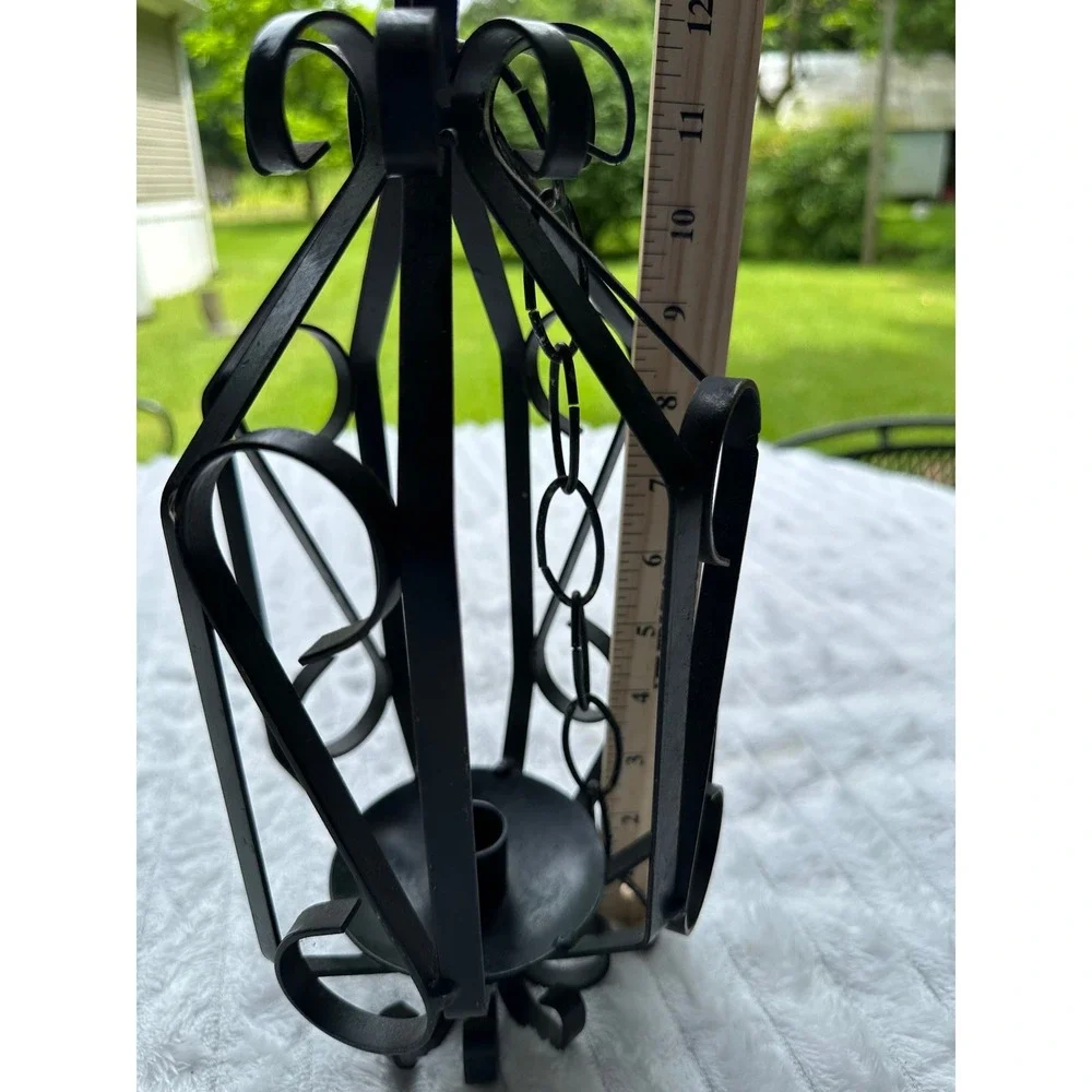 Vintage Black Wrought Iron Hanging Scroll Candle Lantern Gothic Decor 10 inch